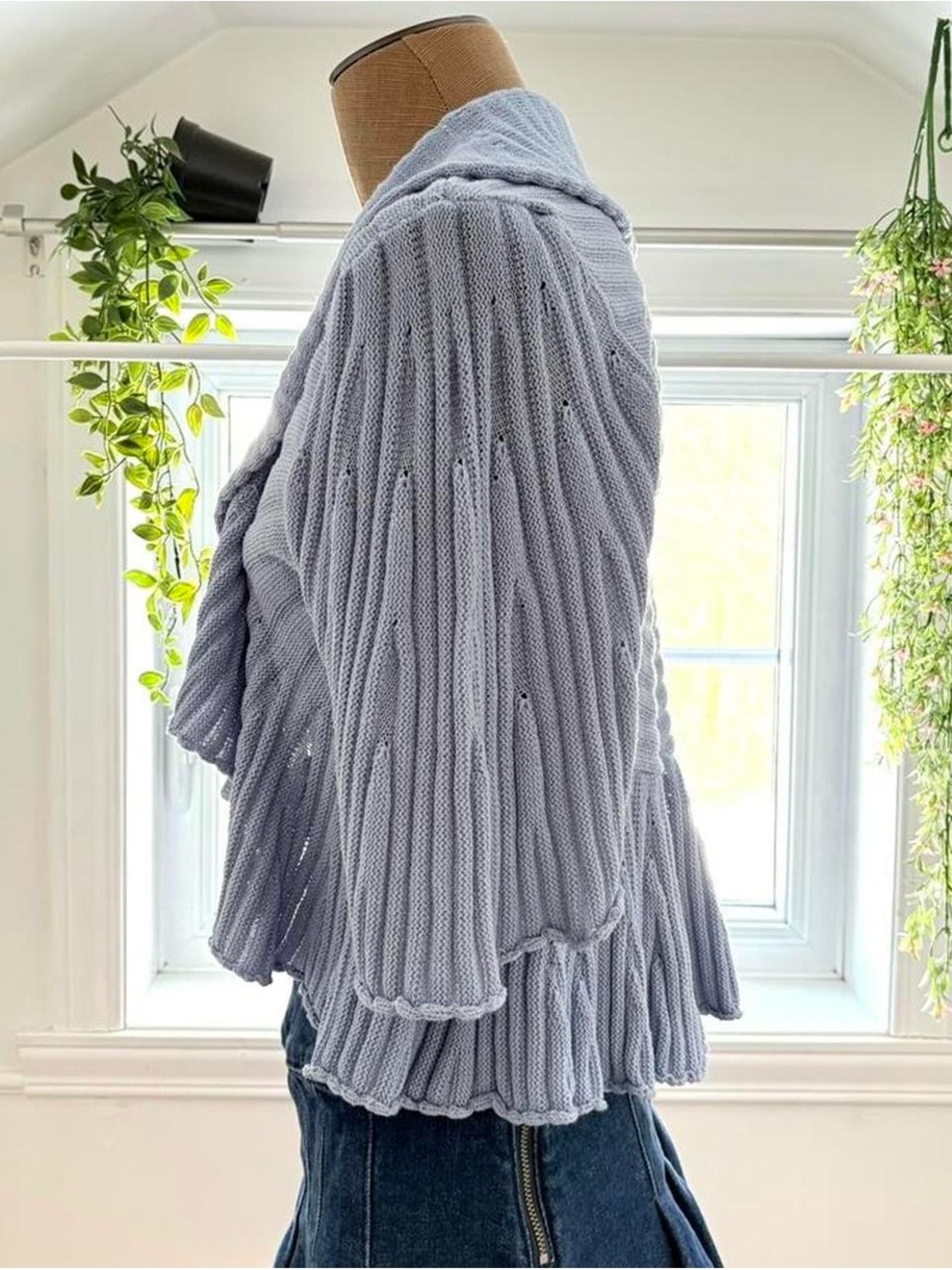 Light Blue Ruffle Open-Front Women's Sweater - Picture 2 of 5